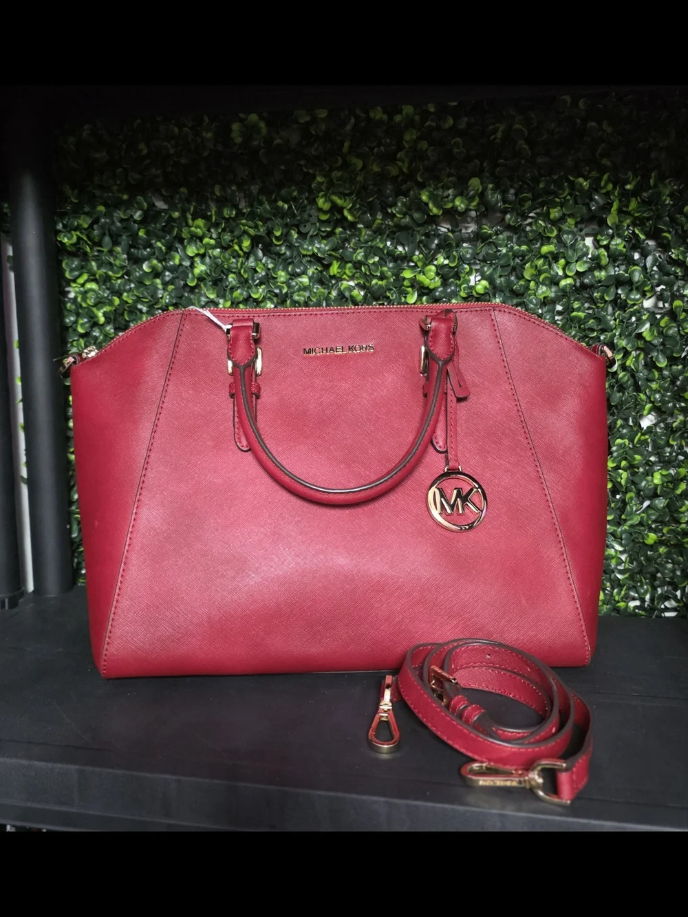 Michael Kors Cherry Red Saffiano Satchel with Gold Hardware